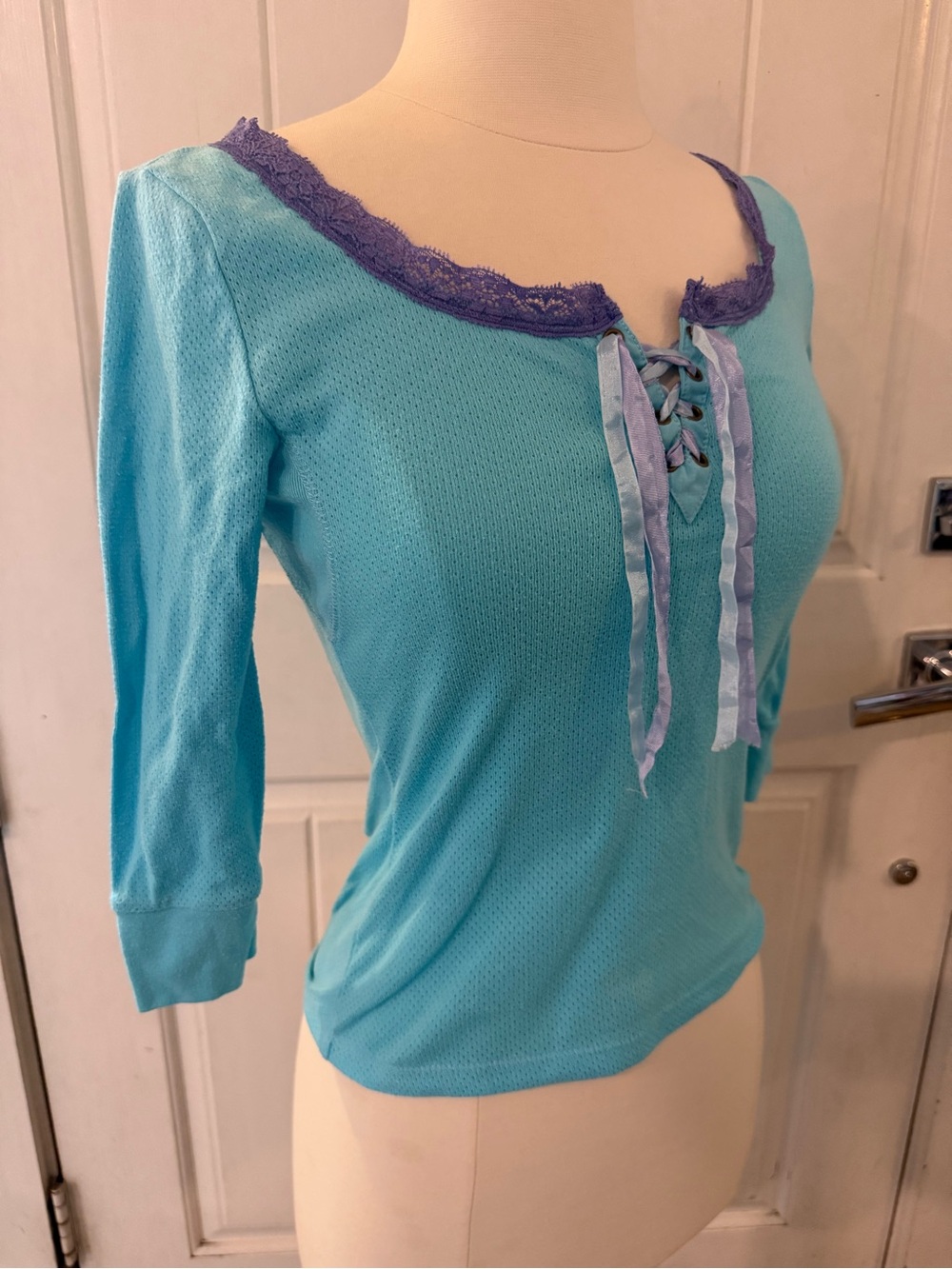 Free People Aqua Long Sleeve Scoop Lace-Up Top with Purple Trim